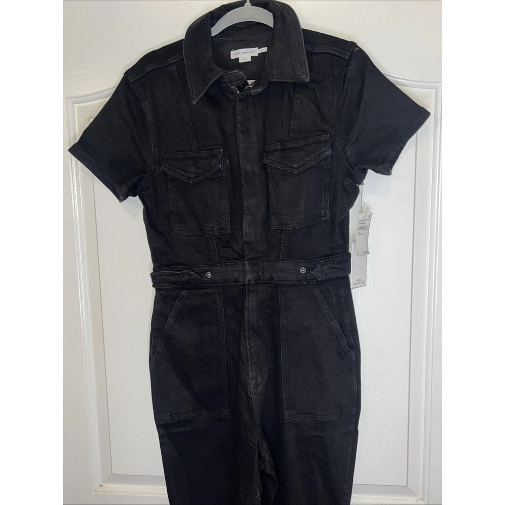 Good American Fit For Success Jumpsuit Black Denim Short Sleeve Romper New - Picture 9 of 12